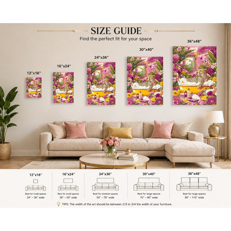 Art mural sur toile rose, guépard tropical rose, décoration murale de salle de bain animaux de la jungle colorée, toile tendue moderne