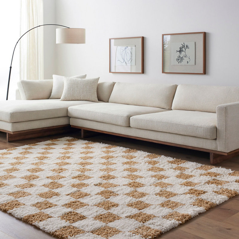 Modern Shaggy Rug, Chequered Easy to Clean Rug For Living Room, Dining Room, Bedroom, Kitchen, Rectangle 130 x 170cm