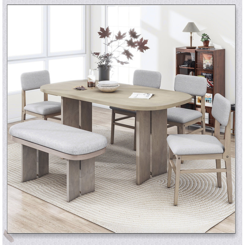 Solid Wood Dining Table Set with Bench - 6-Piece Upholstered Rectangular Dining Room Table Set, Modern Farmhouse Design