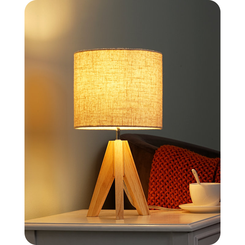 36Cm Wood Tripod Table Lamp With Linen Shade (Bulb Included), Beige