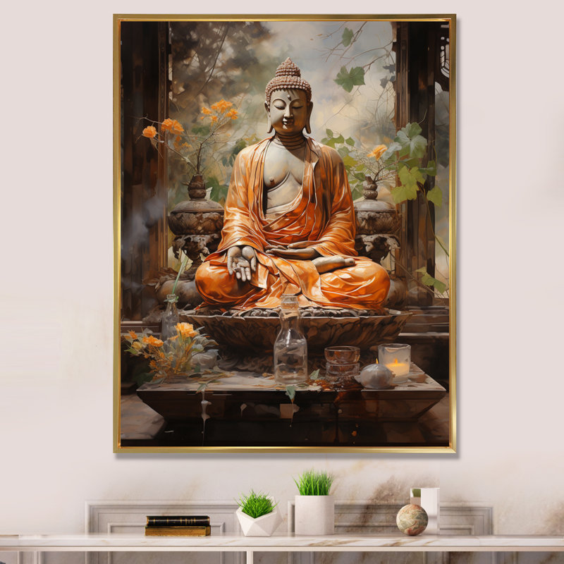 Art bouddhiste orange et gris, Bouddha, art mural, L 12 po x H 20 po x P 1 po, Cadre flottant doré