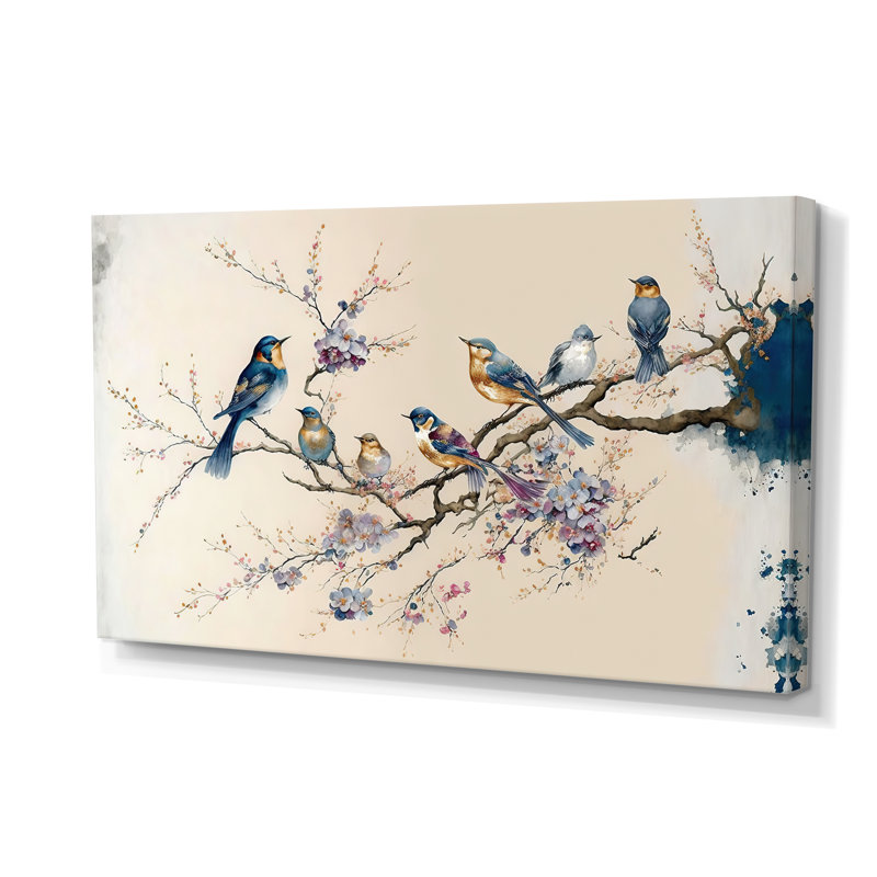 Art mural sur toile multicolore, oiseaux sur prunier en fleurs, H 40 po x l 60 po