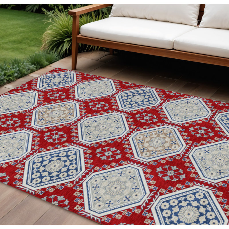 Tapis extérieur lavable floral rouge et bleu marine 10 pi x 14 pi