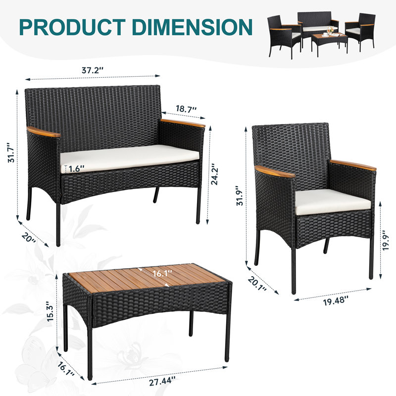 Ensemble de conversation d'extérieur 4 pièces avec coussins 4 pièces
