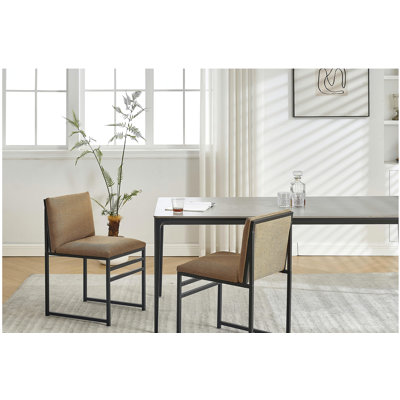 Ensemble de 2 chaises de salle à manger modernes, coussins et dossier rembourrés en lin avec supports en fer artisanal minimalistes