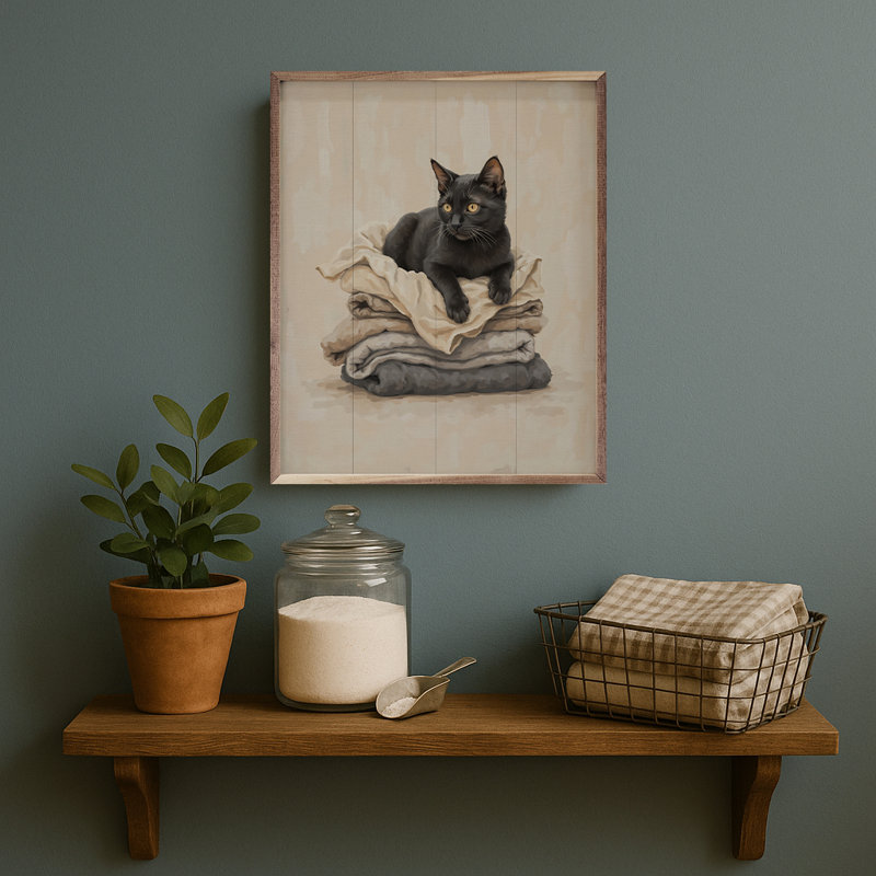 Chat noir sur une lessive pliée, H 40 po x l 32 po