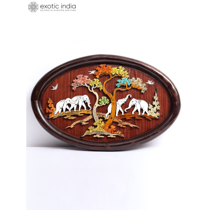 18 "Elephants in Vana Wild Life, incrustation 3D de couleur naturelle sur panneau de bois - Art mural de la faune indien traditionnel fabriqué à la main