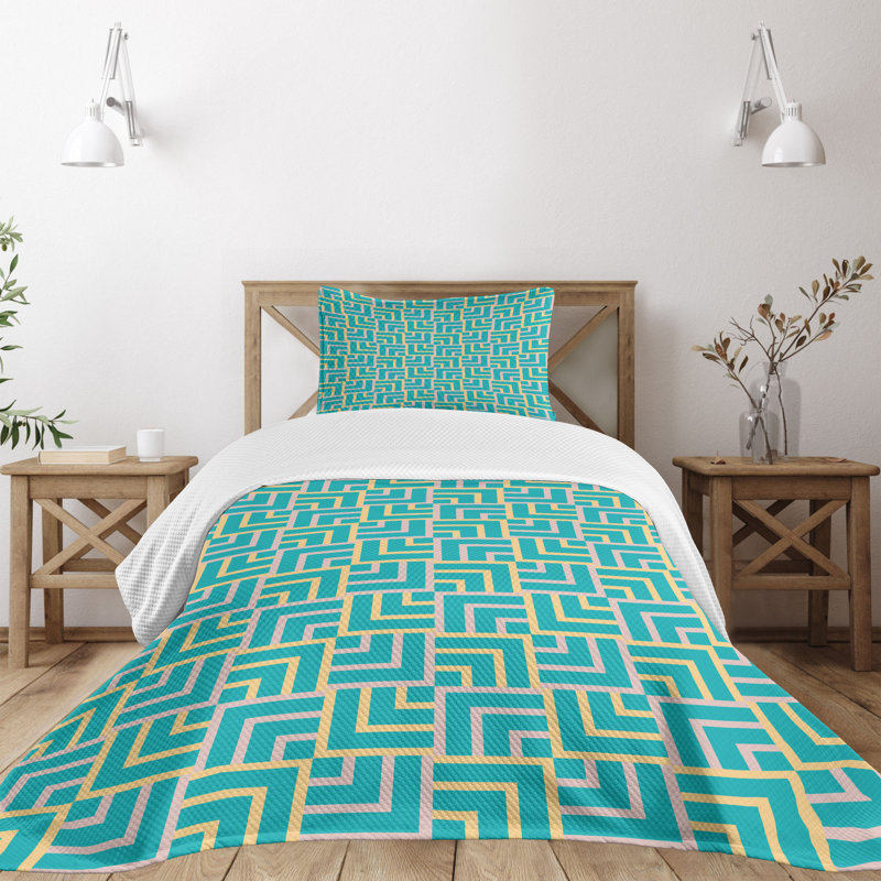 Ambesonne Turquoise Bedspread Set Art Deco Square Lines Turquoise Yellow, Twin Coverlet/Bedspread + 1 Standard Sham
