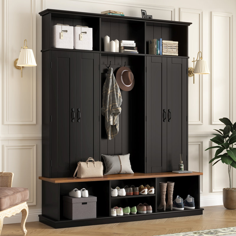 Hall Tree With Storage Bench, Entryway Organization With Hooks, Open Shelves And Cabinets, Contemporary, Mudroom, Black