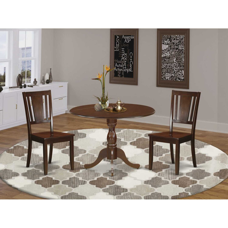 3 Piece Dining Room Table Set Contains a Round Dining Table with Dropleaf and 2 Wood Seat Chairs, 42x42 Inch, Mahogany, No