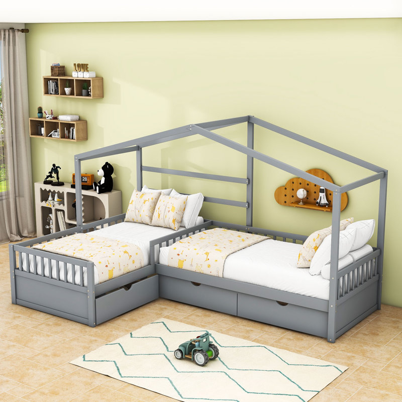 Lit plateforme simple en L en bois 3 tiroirs, Gris