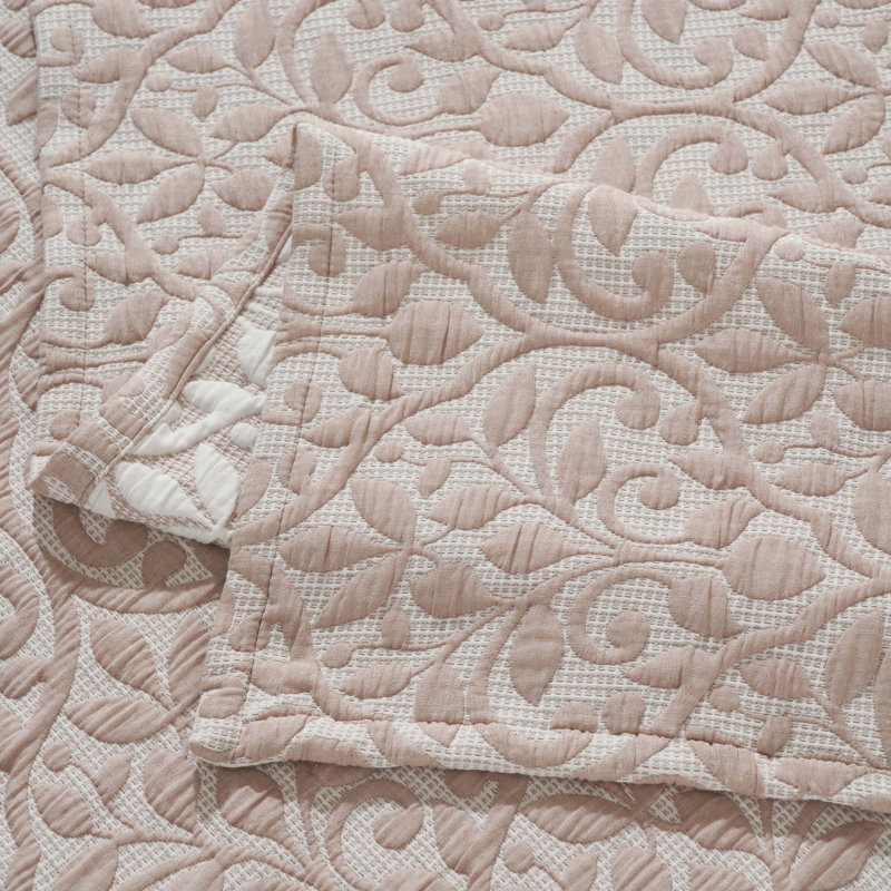 Vineyard Cotton Blend Medium Weight Matelasse Weave Floral Scroll Coverlet, Blush, Queen Coverlet + 2 Standard Shams