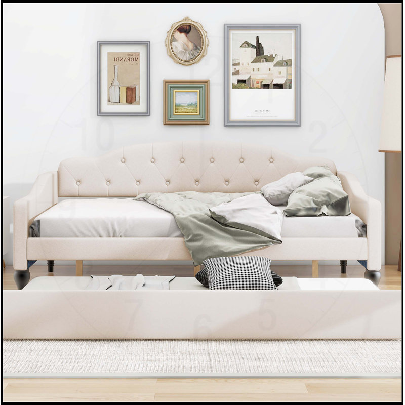 Lit de jour double capitonné capitonné avec lit gigogne simple, beige, durable et élégant pour les espaces de vie modernes
