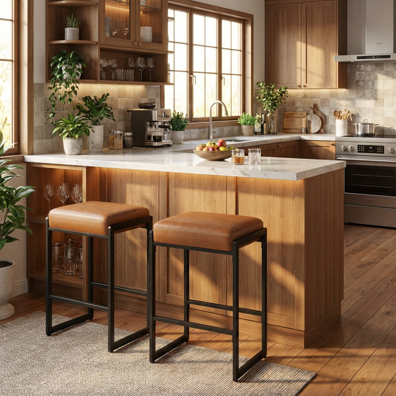 Counter Height Bar Stools, Synthetic Leather with Stitching, Brown