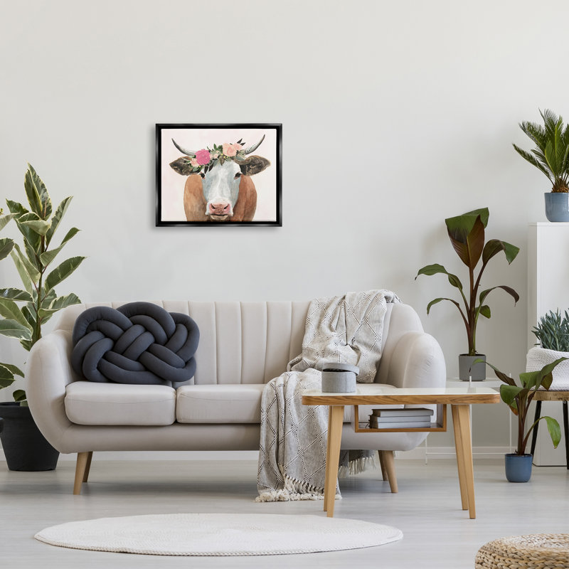 «Spring Spring Flower Farm Cow with Horns», art mural sur toile par Victoria Borges, Cadre flottant noir de jais