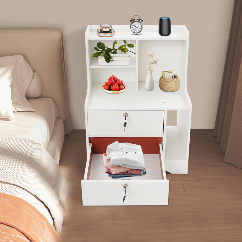 27.5" Tall Modern White Nightstand with Lockable Drawer, 2-Drawer Bedside Table with Open Display Shelves & Guardrail