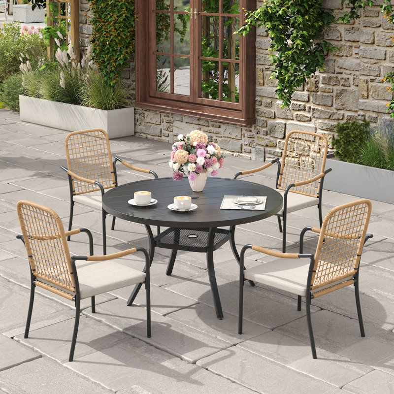 4-Person Outdoor Patio Dining Set With Stackable Rattan Chairs, Black
