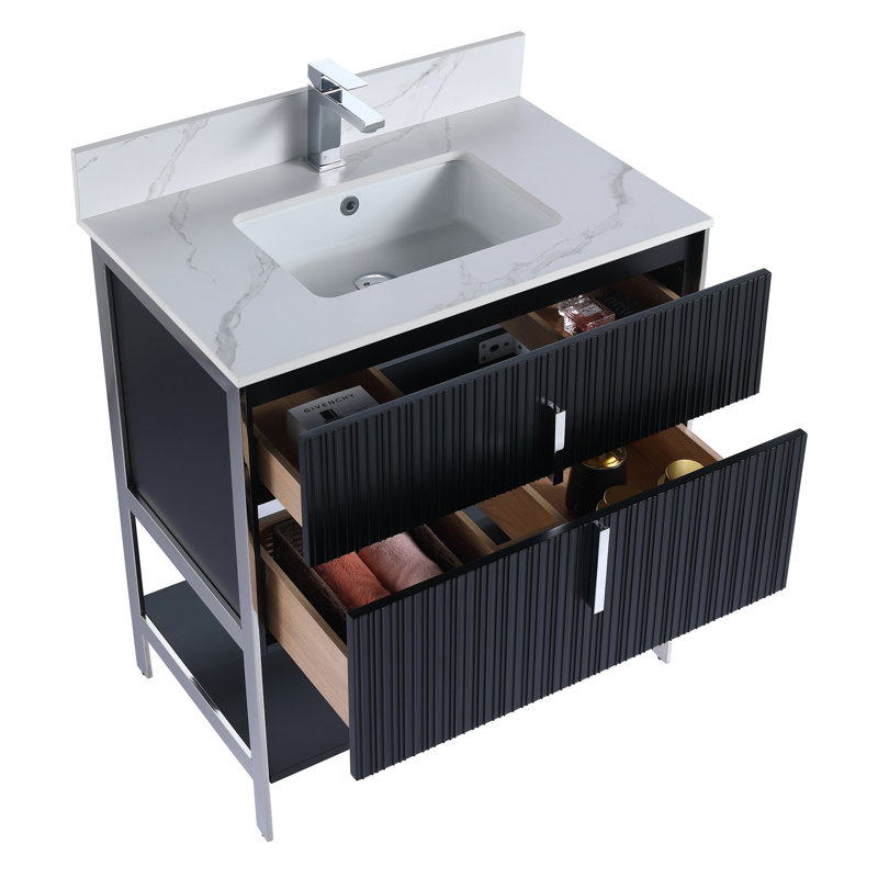 Meuble-lavabo moderne avec plateau en pierre Serenity, Noir mat / chrome, 30", Marbre de Carrare blanc