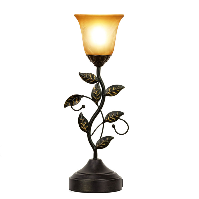 Lampe de table 20 pouces à 2 DEL à intensité variable avec design à fleur de feuille et double port USB. Abat-jour en verre