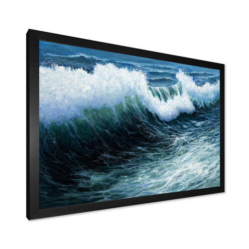 Tempête de vagues dans l'océan - Peinture sur toile, H 12 po x l 20 po x p 1 po, Cadre noir