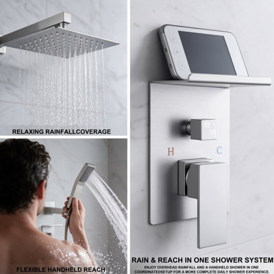Système de douche de pluie mural 10 pouces avec pomme de douche à main et tablette de rangement
