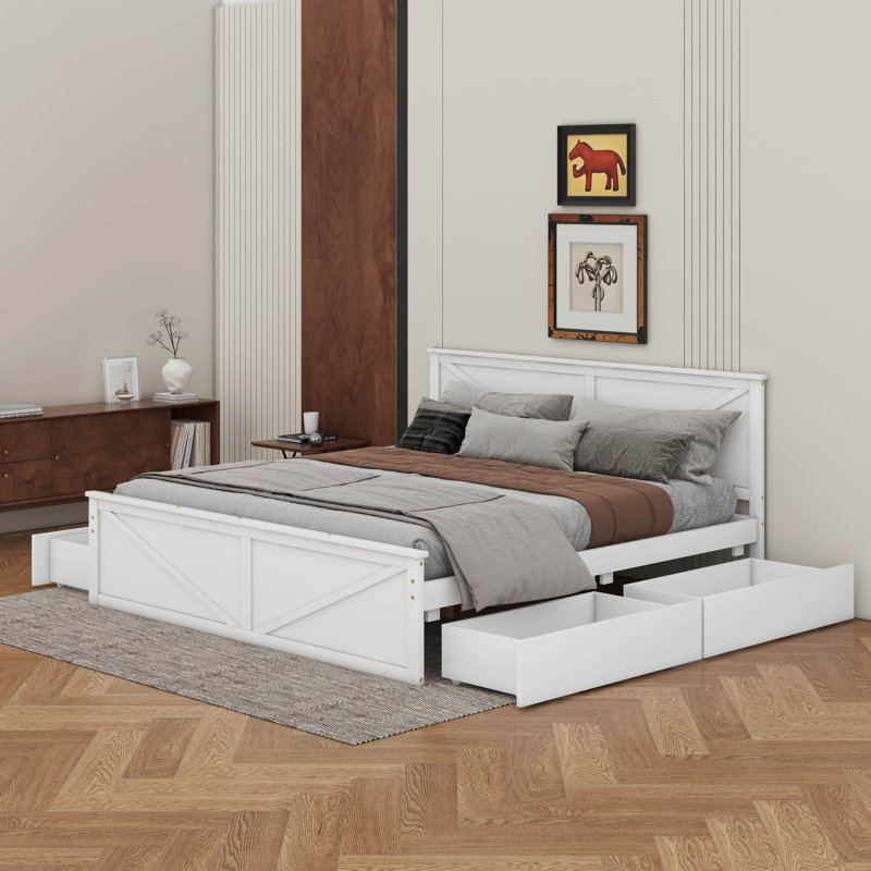 Lit plateforme en bois avec tiroirs, Blanc, Roi