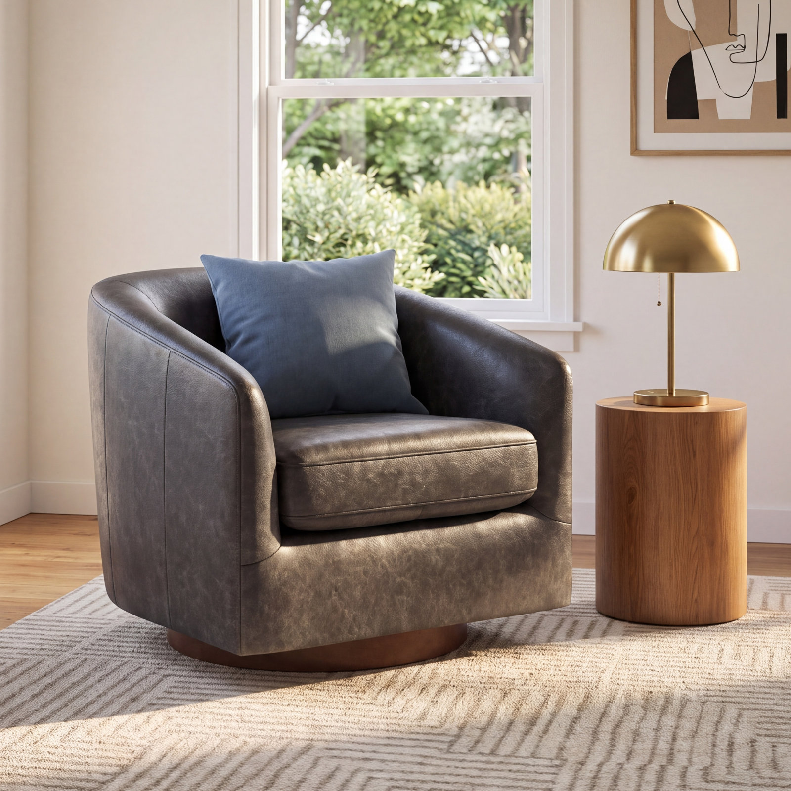 Bennett Genuine Leather Swivel Barrel Chair, Marseille Black Top Grain Leather