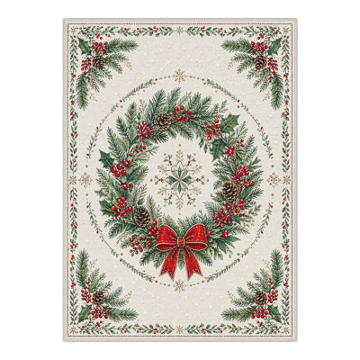 Pinecone Garland & Wreath Christmas Floral Ivory / Green Low-Pile Washable Area Rug for Dining Room