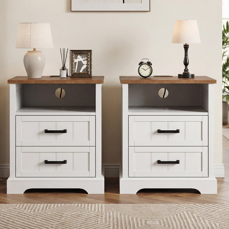 Farmhouse 19.7" W 2-Drawer Nightstand with Charging Station(Set of 2)