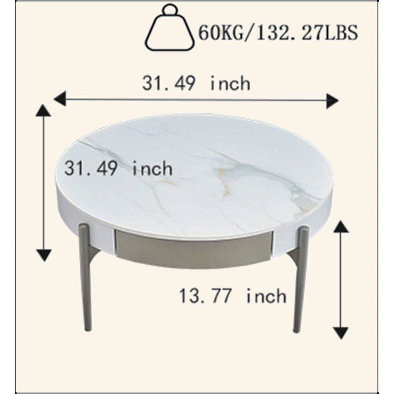 Table basse ronde moderne avec tiroirs et pieds en métal blanc