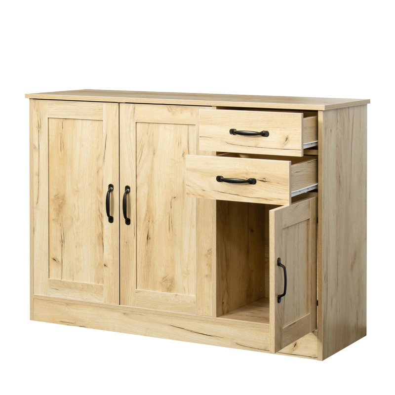 43.3 Inch Oak Home Buffet Sideboard - Modern With 2 Doors, 1 Storage, Drawers For Dining & Entryway Doors Storage Room
