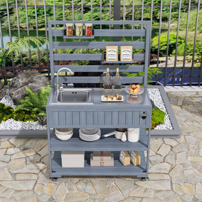 Patio Rolling Kitchen Island with Stainless Table Top and Shelves