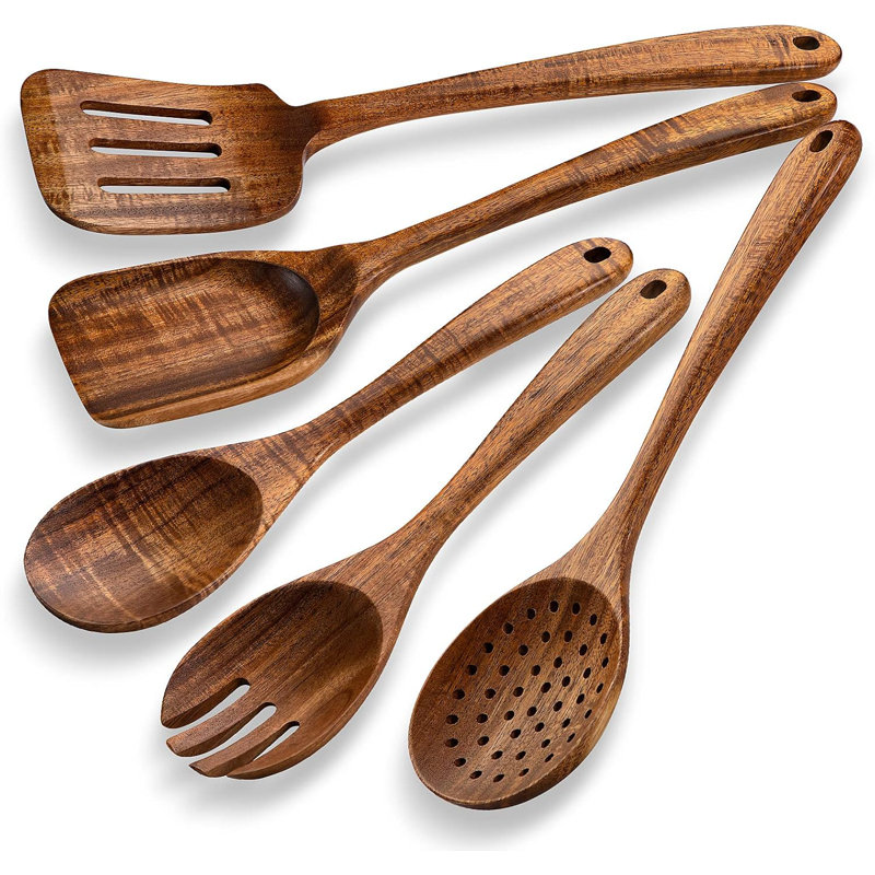 Ensemble 5 pièces d'ustensiles de cuisine en bois d'acacia pour batterie de cuisine antiadhésive, cuillères de cuisine écologiques et durables avec design ergonomique