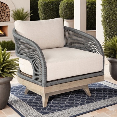 Chaise de patio pivotante en bois d'eucalyptus Galilea avec corde grise et coussins en oléfine taupe