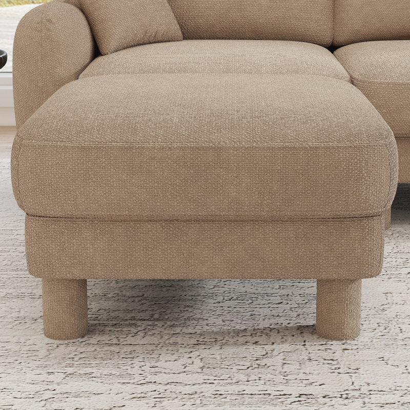Modern Boucle Upholstered Sofa,3-Seater L-Shaped Sofa Couch With  Movable Ottoman, Coffee