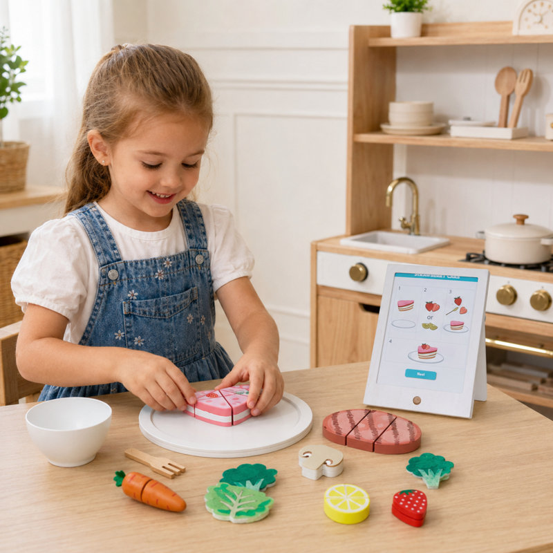 Ensemble de cuisine en bois Teamson Kids 27 pièces avec tablette de recettes factices, vert, pour découper et trancher les aliments et amuser les petits chefs.