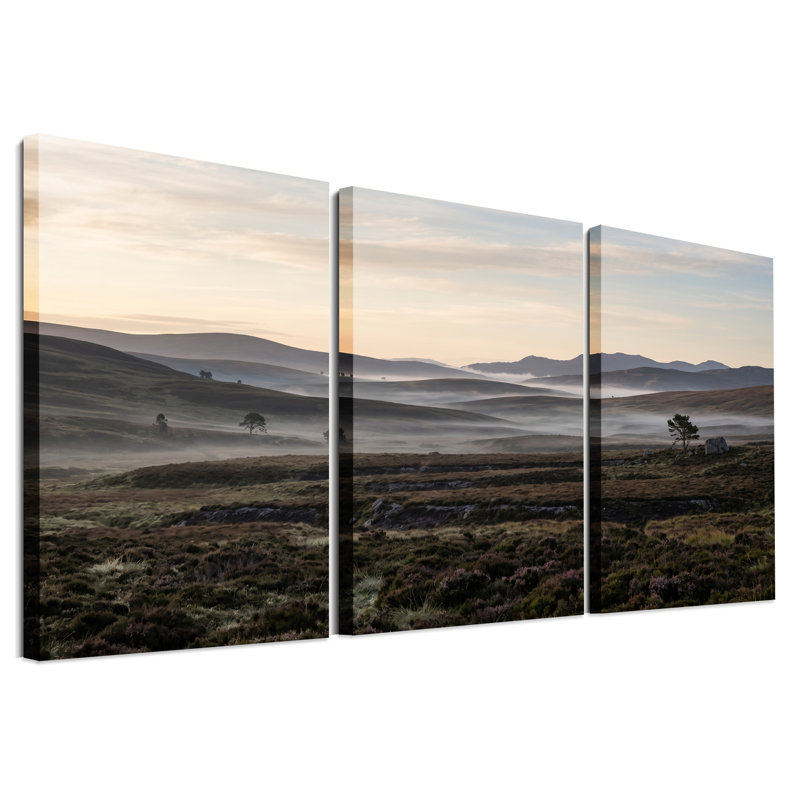 «Misty Rolling Hills with Heather and Pine Trees», ensemble de 3 toiles murales, H 18 po x l 12 po x 3 pièces