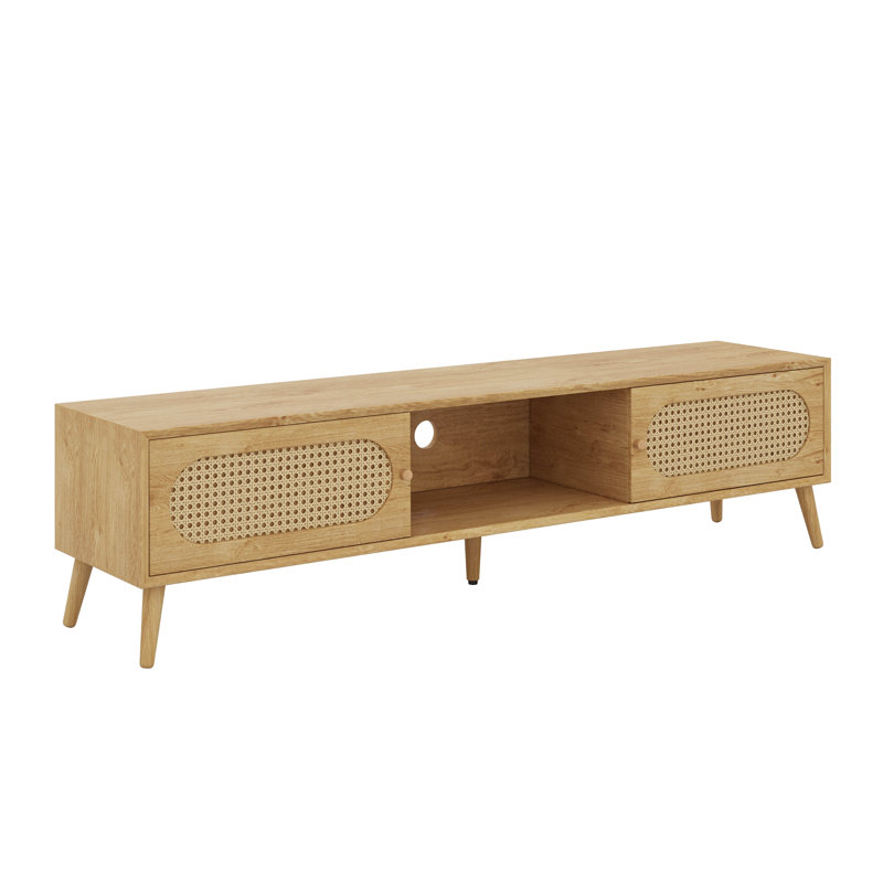 Meuble télé Boho, console multimédia de style campagne moderne avec pieds en bois massif de conception en rotin