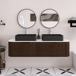 60" Woodgrain Color Wall-Mounted Bathroom Vanity With Curved Edges & Striped Design, Storage Cabinet With 2 Drawer, 2 Black Rectangular Ceramic Basins.