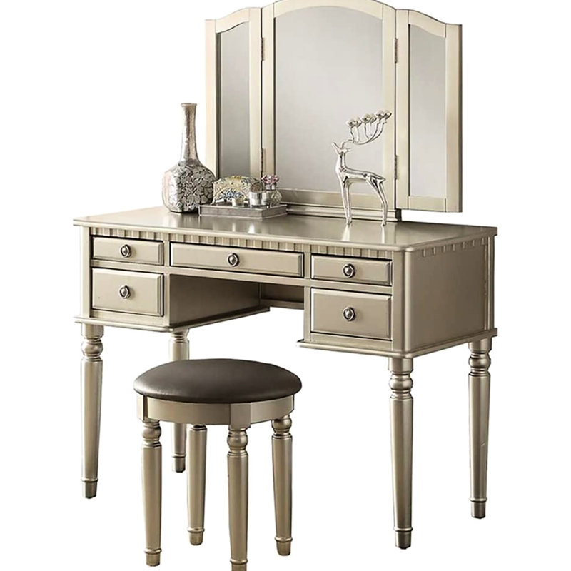 Silver Bedroom Vanity With Foldable Mirror - Stool, 5 Drawers, Solid Wood, Gray Wood Tone Modern Silver, Mirror, Padded Stool