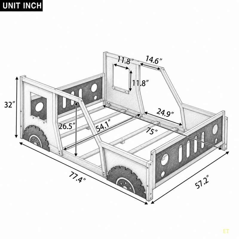 Lit plateforme double classique en forme de voiture avec roues, Double, Blanc