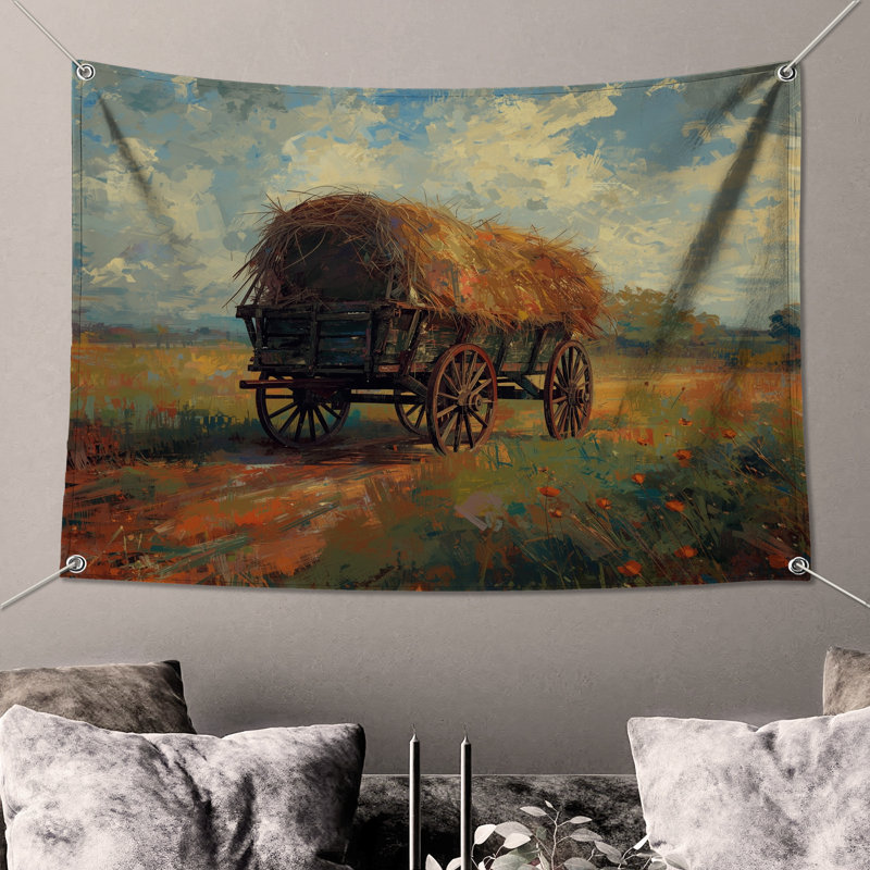 Tapisserie murale Hay Wagon Field - Décoration murale paysage, 104in H x88 with 4 Grommets