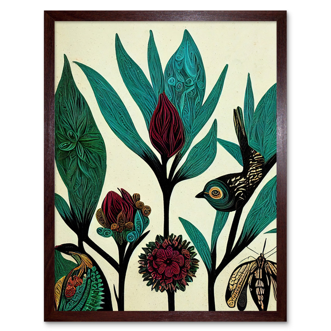 Abstract Folk Leaves Flowers Birds Vintage - Print