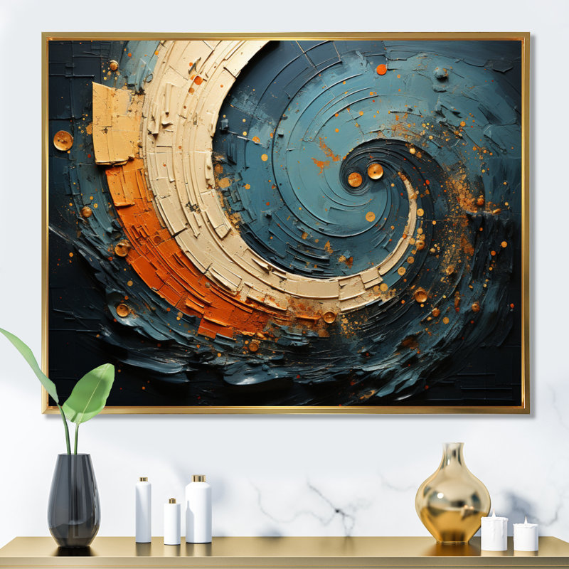 Orange bleu sarcelle abstrait, spirales II, Cadre flottant doré, H 16 po x l 32 po x P 1 po