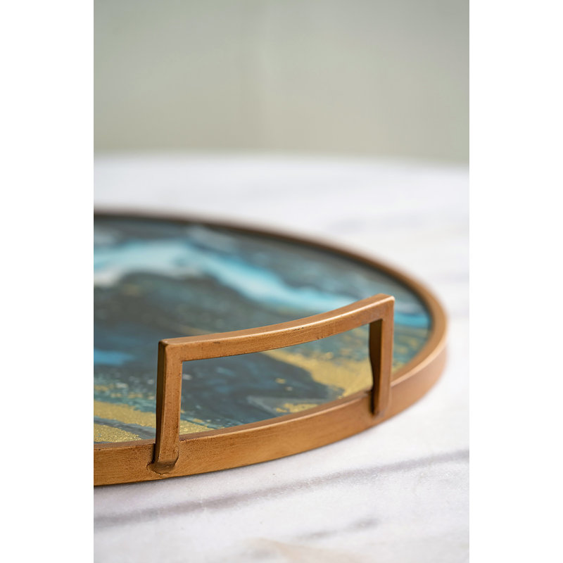 Abstract Round Mirrored Tray - 21x20x3" - Blue/Gold/White
