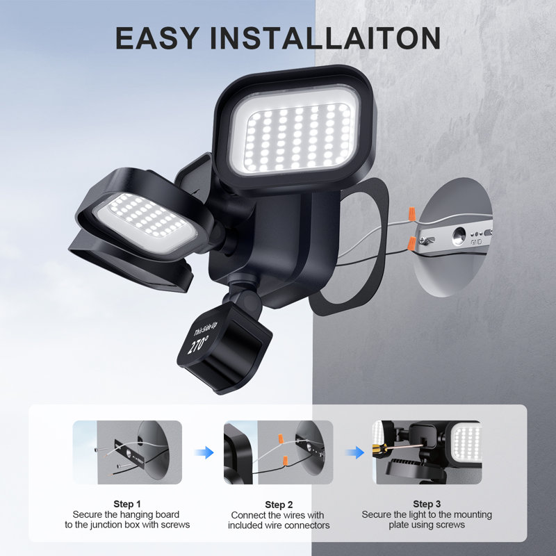 Ensemble de 2 lumières de sécurité à DEL 6500LM avec portée détectée à 270 ° 72 pi, lumière extérieure à détecteur de mouvement, crépuscule extérieur à l'aube avec IP65 résistant aux intempéries pour le garage, la cour