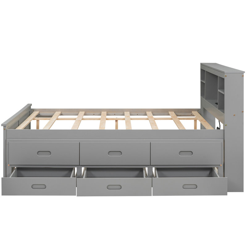 Lit plateforme avec lit gigogne, 3 tiroirs, tête de lit et prises USB, Gris