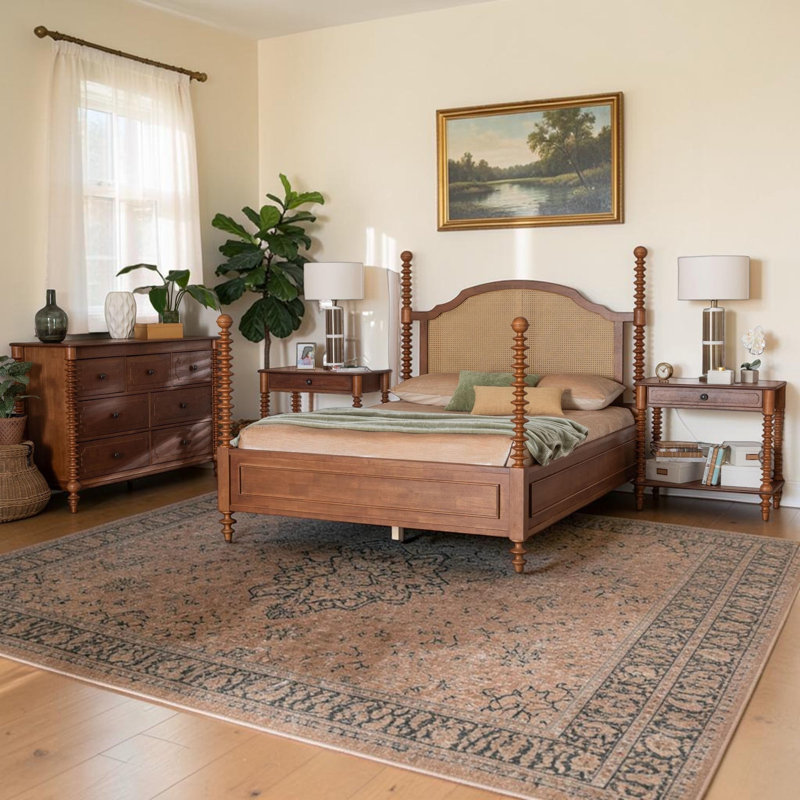 Ensemble de chambre avec grand lit 4 pièces avec tables de chevet 1 tiroir Cascade, Walnut Brown, Queen