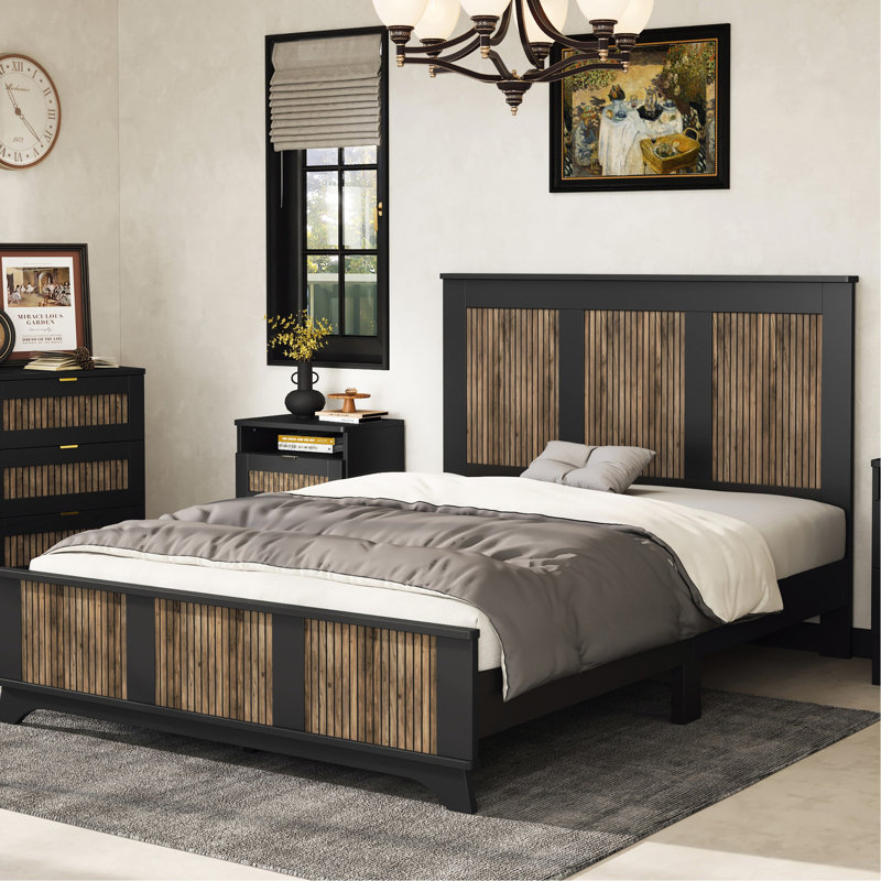 Style grand lit avec lattes en contreplaqué et cadre noir plateforme moderne, Queen, Black