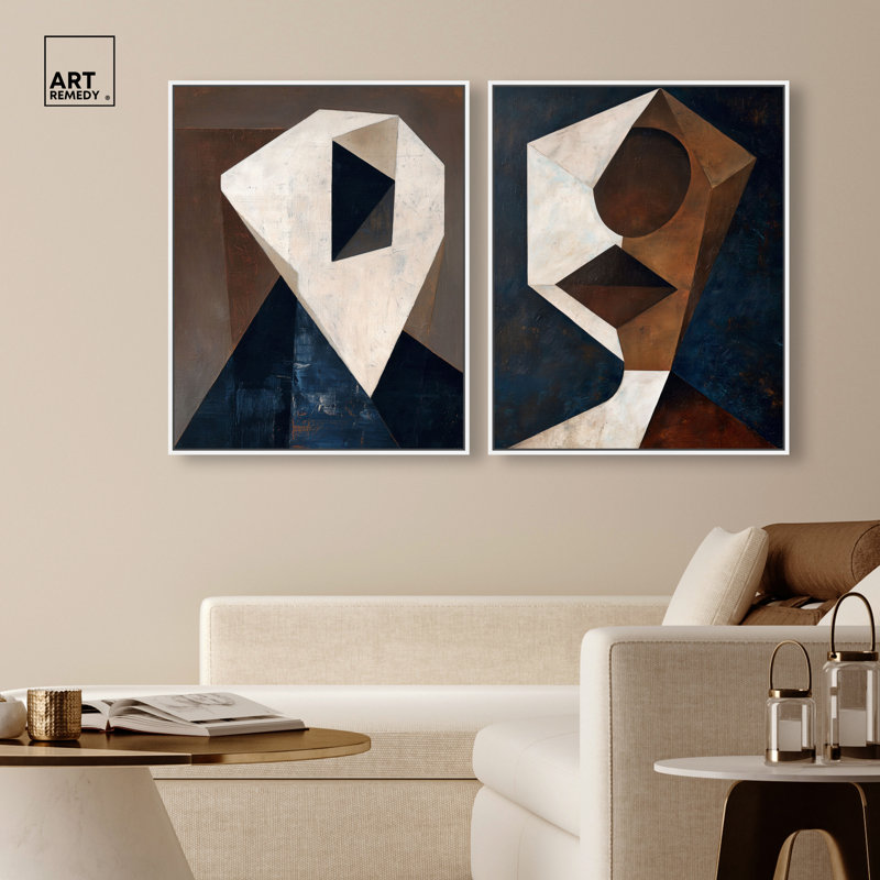 Ensemble de décorations murales modernes facettées encadrées par Art Remedy, cadre blanc, 24 x 30, H 31 po x l 25 po